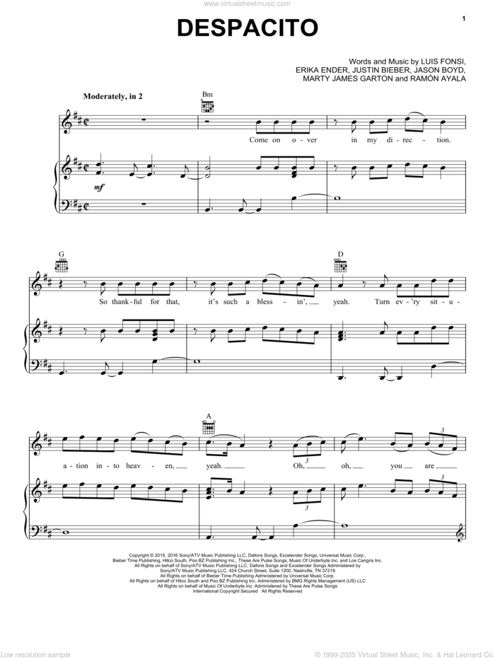 Despacito sheet music for voice, piano or guitar by Luis Fonsi & Daddy Yankee feat. Justin Bieber, Erika Ender, Luis Fonsi and Ramon Ayala, intermediate skill level