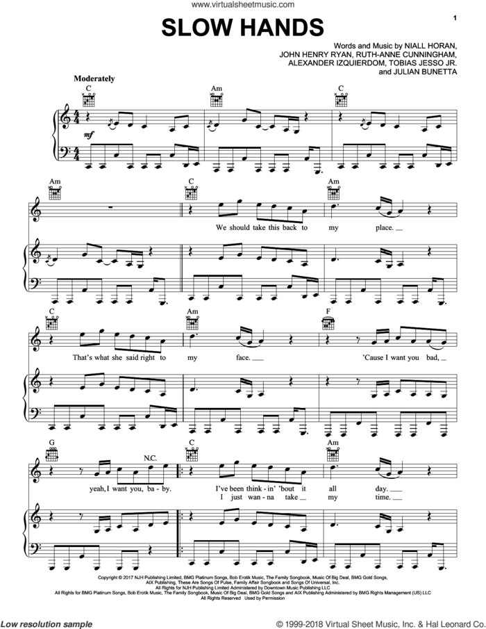 Slow Hands sheet music for voice, piano or guitar by Niall Horan, Alexander Izquierdo, John Henry Ryan, Julian Bunetta, Ruth Anne Cunningham and Tobias Jesso Jr., intermediate skill level