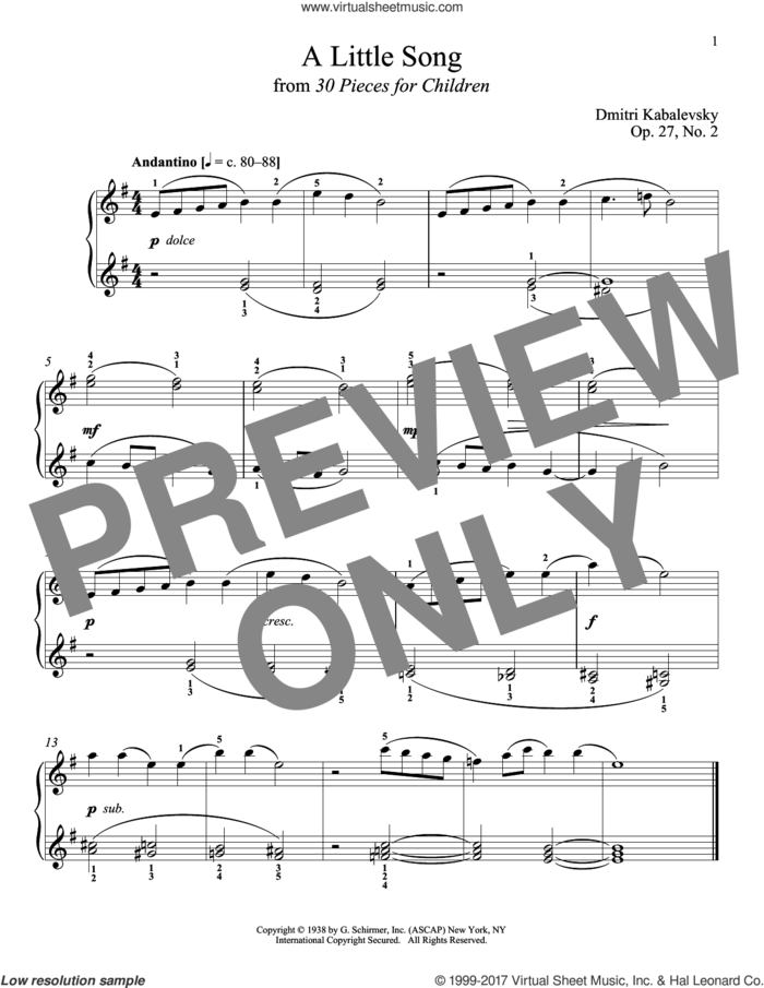 A Little Song, Op. 27, No. 2 sheet music for piano solo by Dmitri Kabalevsky, Jeffrey Biegel, Margaret Otwell and Richard Walters, classical score, intermediate skill level