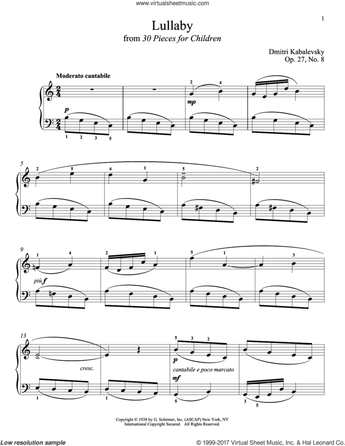 Lullaby sheet music for piano solo by Dmitri Kabalevsky, Jeffrey Biegel, Margaret Otwell and Richard Walters, classical score, intermediate skill level