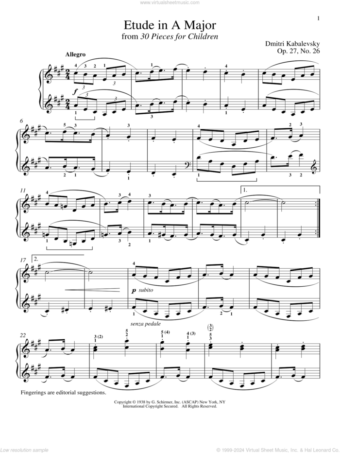 Etude In A Major, OP. 27, No. 26 sheet music for piano solo by Dmitri Kabalevsky, Jeffrey Biegel, Margaret Otwell and Richard Walters, classical score, intermediate skill level