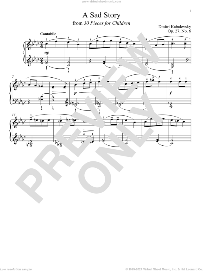 A Sad Story, Op. 27, No. 6 sheet music for piano solo by Dmitri Kabalevsky, Jeffrey Biegel, Margaret Otwell and Richard Walters, classical score, intermediate skill level