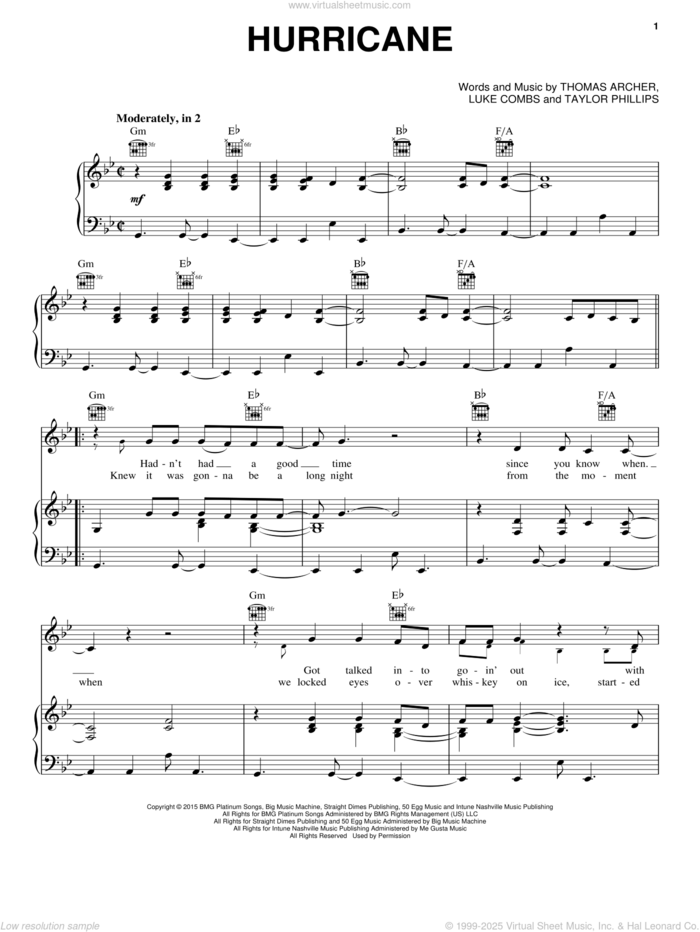 Hurricane sheet music for voice, piano or guitar by Luke Combs, Taylor Phillips and Thomas Marc Archer, intermediate skill level