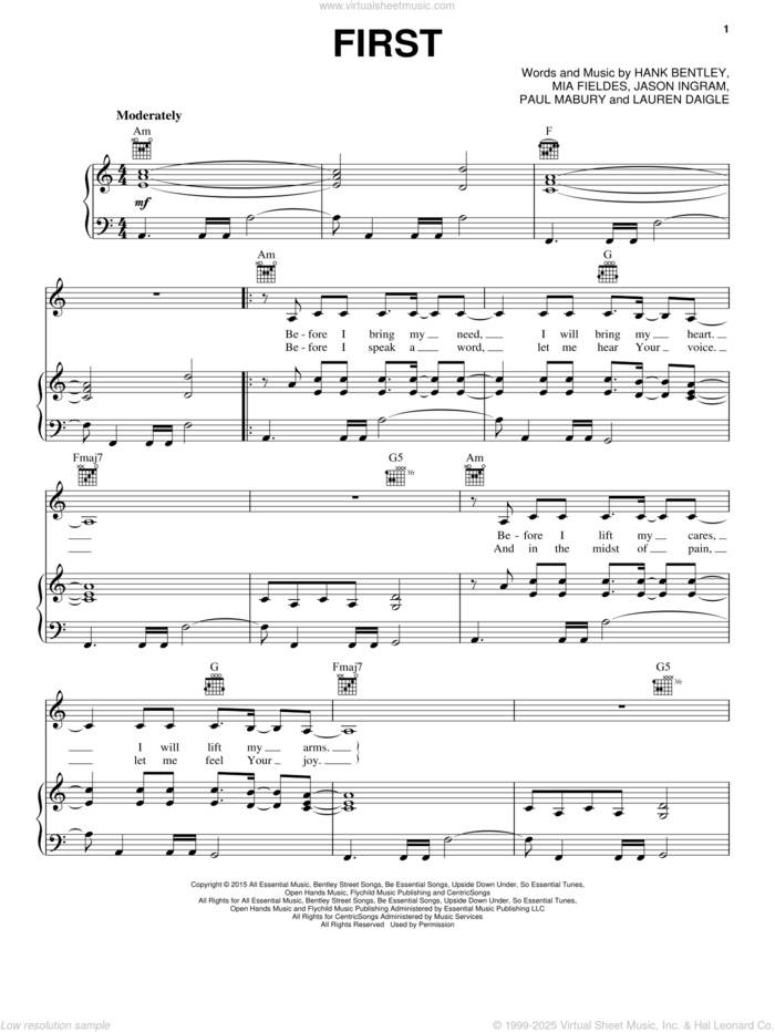 First sheet music for voice, piano or guitar by Lauren Daigle, Hank Bentley, Jason Ingram, Mia Fieldes and Paul Mabury, intermediate skill level