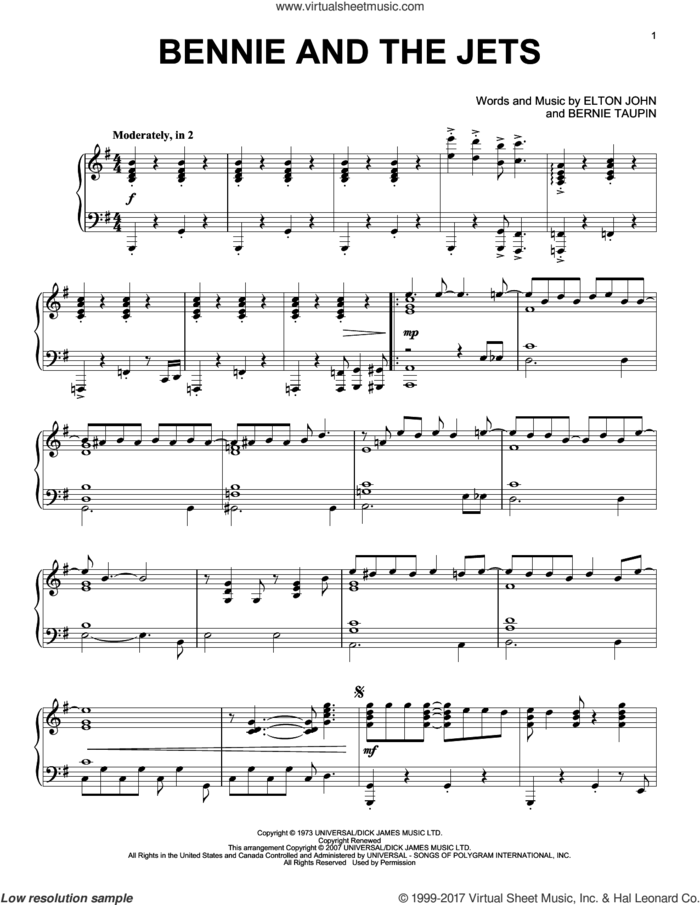 Bennie And The Jets, (intermediate) sheet music for piano solo by Elton John and Bernie Taupin, intermediate skill level