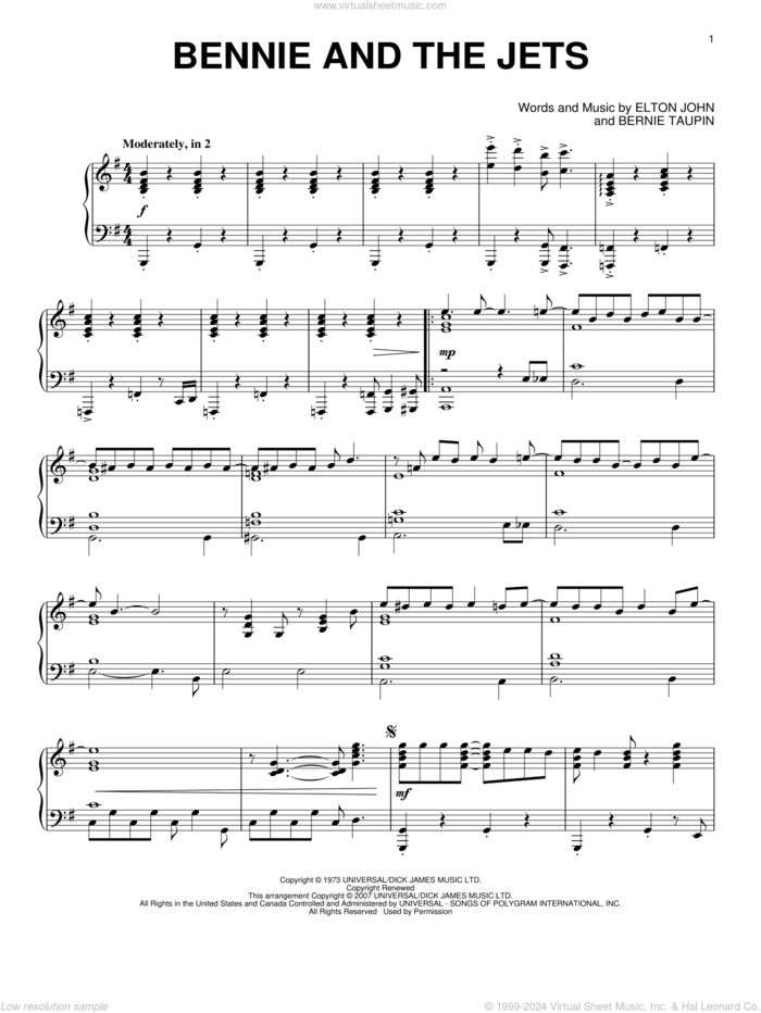 Bennie And The Jets, (intermediate) sheet music for piano solo by Elton John and Bernie Taupin, intermediate skill level