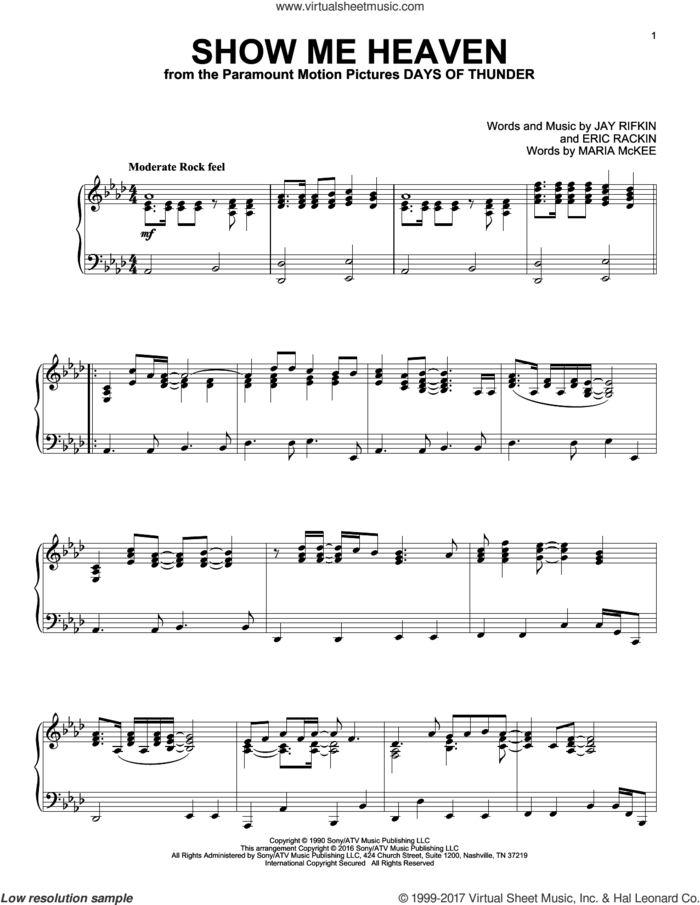 Show Me Heaven sheet music for piano solo by Maria McKee, Eric Rackin and Jay Rifkin, intermediate skill level