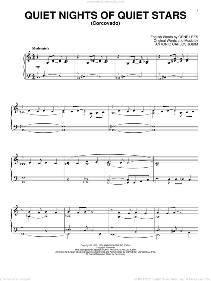 Quiet Nights Of Quiet Stars (Corcovado) sheet music for piano solo by Antonio Carlos Jobim and Eugene John Lees, intermediate skill level
