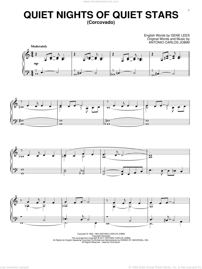 Quiet Nights Of Quiet Stars (Corcovado) sheet music for piano solo by Antonio Carlos Jobim and Eugene John Lees, intermediate skill level