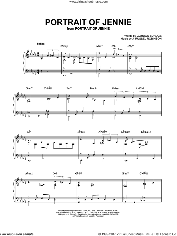 Portrait of Jennie [Jazz version] (arr. Brent Edstrom) sheet music for piano solo by Russell Robinson, Brent Edstrom and Gordon Burdge, intermediate skill level