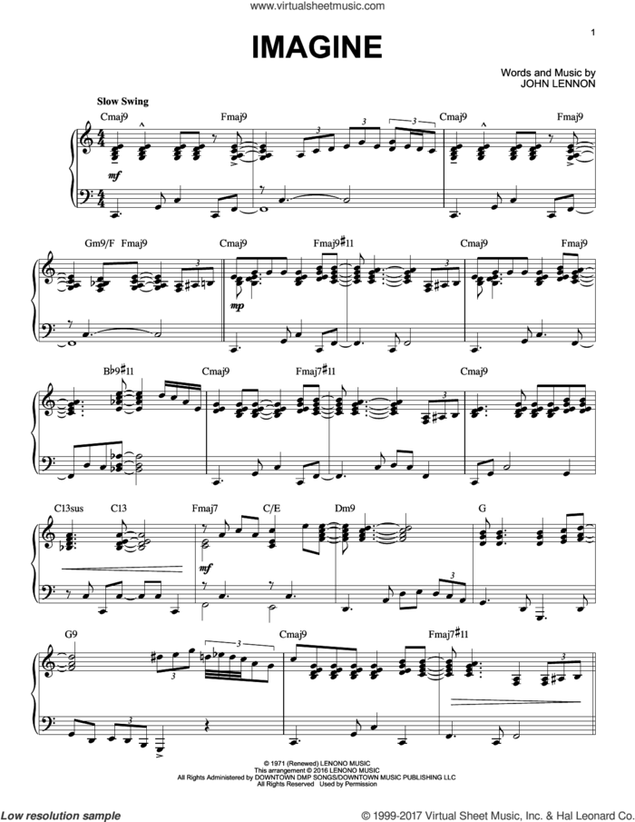 Imagine [Jazz version] (arr. Brent Edstrom) sheet music for piano solo by John Lennon and Brent Edstrom, intermediate skill level