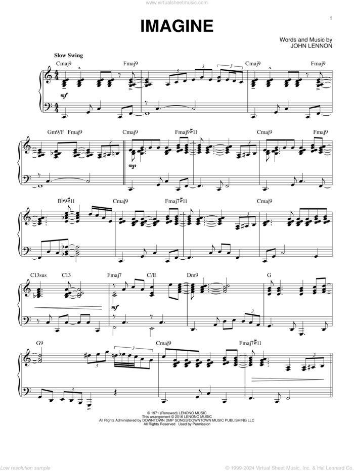 Imagine [Jazz version] (arr. Brent Edstrom) sheet music for piano solo by John Lennon and Brent Edstrom, intermediate skill level