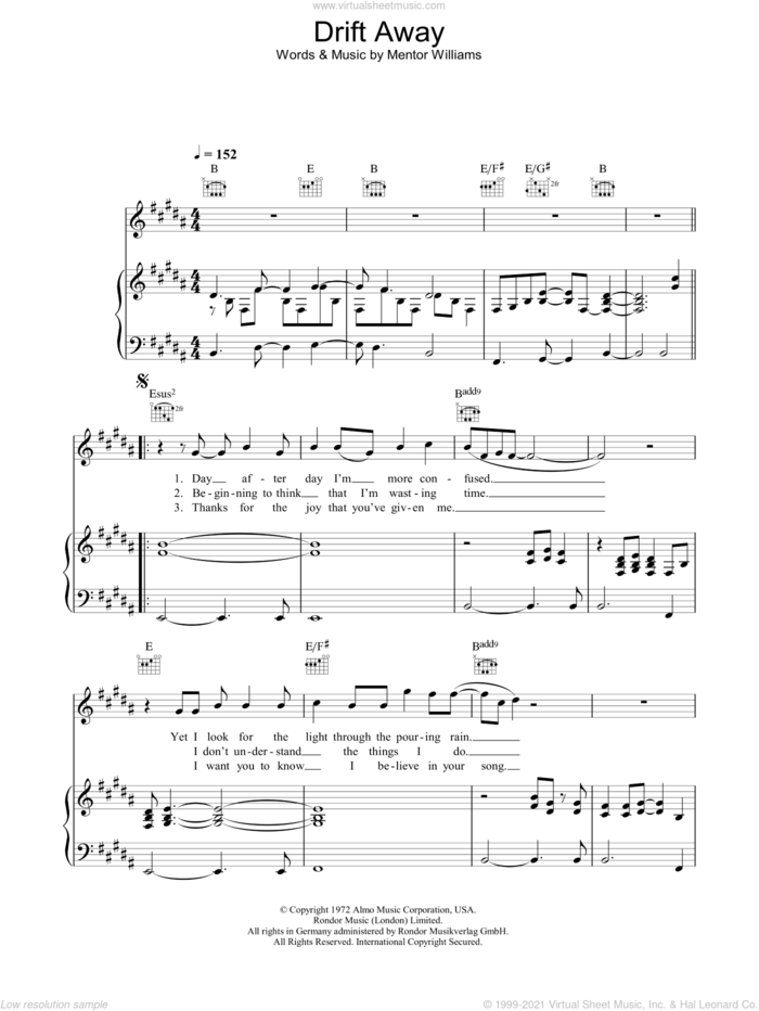 Drift Away sheet music for voice, piano or guitar by Dobie Gray and Mentor Williams, intermediate skill level