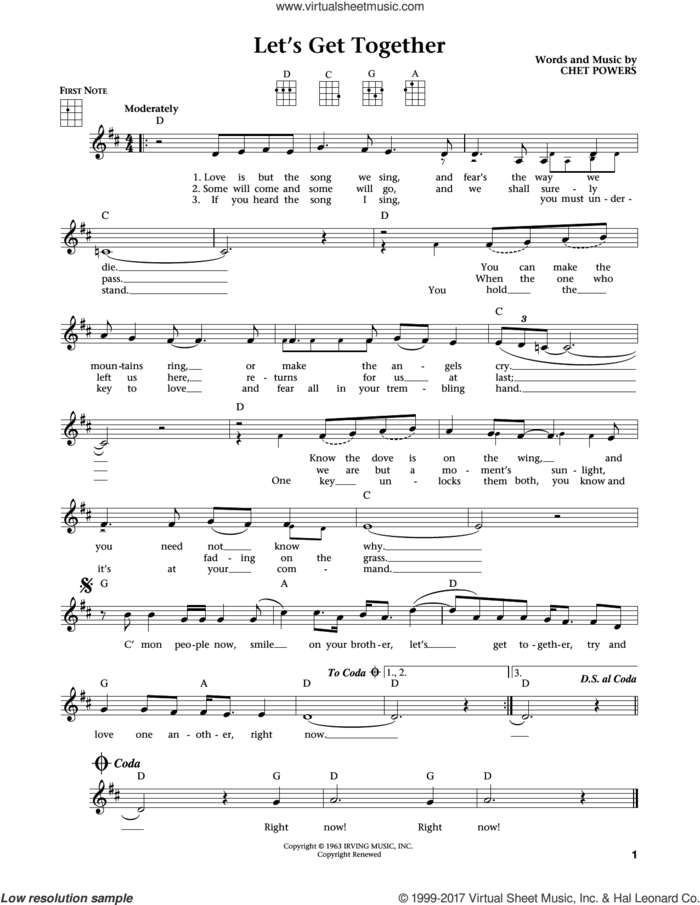 Let's Get Together (Get Together) (from The Daily Ukulele) (arr. Liz and Jim Beloff) sheet music for ukulele by The Youngbloods, Jim Beloff, Liz Beloff and Chet Powers, intermediate skill level