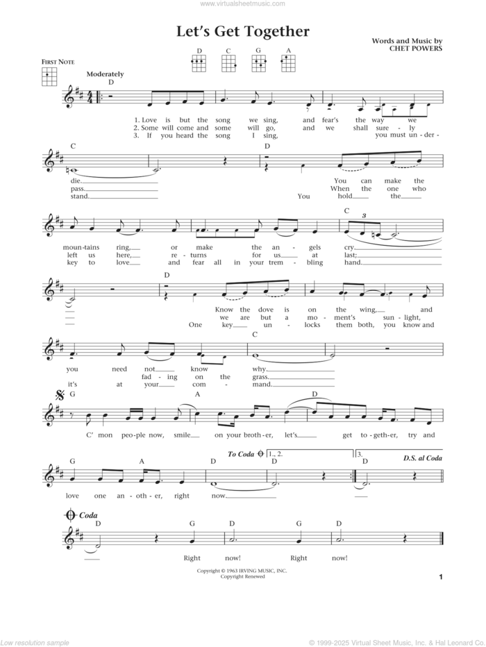 Let's Get Together (Get Together) (from The Daily Ukulele) (arr. Liz and Jim Beloff) sheet music for ukulele by The Youngbloods, Jim Beloff, Liz Beloff and Chet Powers, intermediate skill level