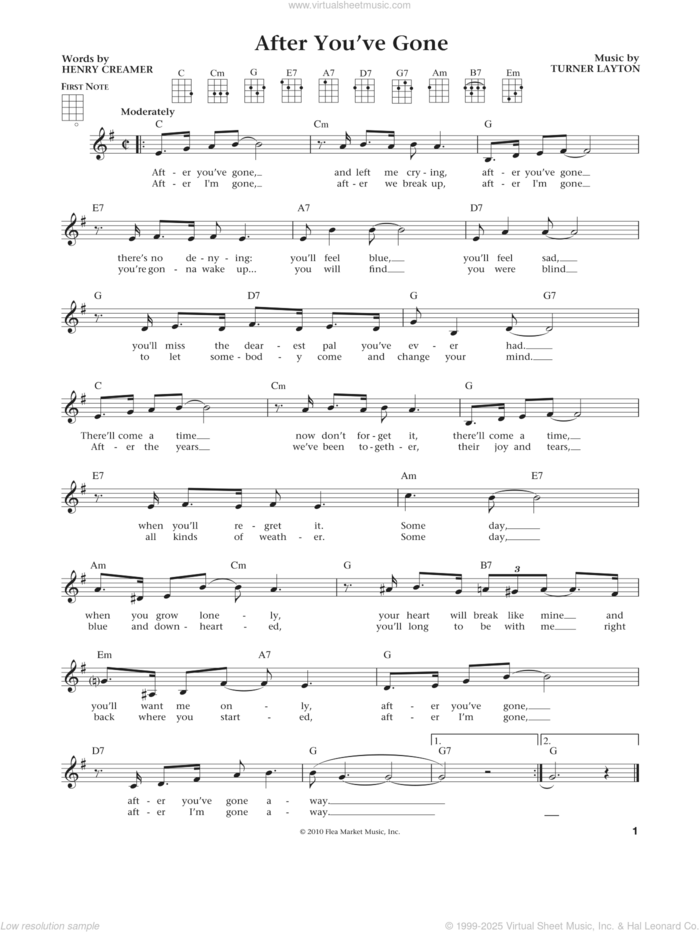 After You've Gone (from The Daily Ukulele) (arr. Liz and Jim Beloff) sheet music for ukulele by Sophie Tucker, Jim Beloff, Liz Beloff, Henry Creamer and Turner Layton, intermediate skill level