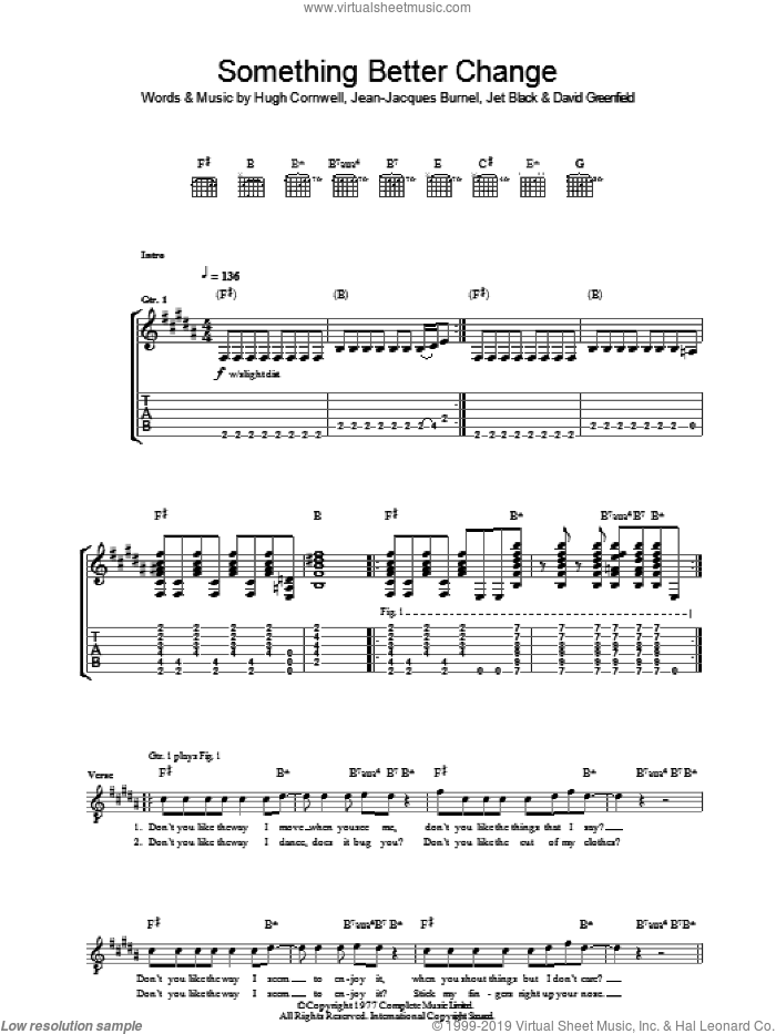 Something Better Change sheet music for guitar (tablature) by The Stranglers, David Greenfield, Hugh Cornwell, Jean-Jacques Burnel and Jet Black, intermediate skill level