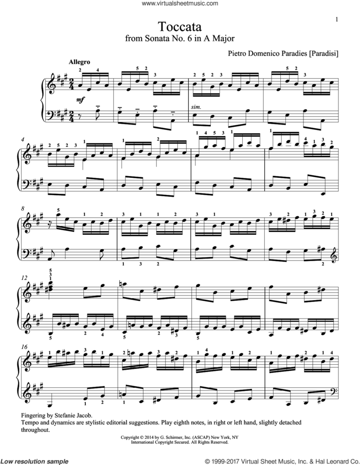 Toccata sheet music for piano solo by Pietro Paradies [Paradisi] and Richard Walters, classical score, intermediate skill level