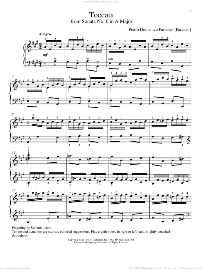 Toccata sheet music for piano solo by Pietro Paradies [Paradisi] and Richard Walters, classical score, intermediate skill level