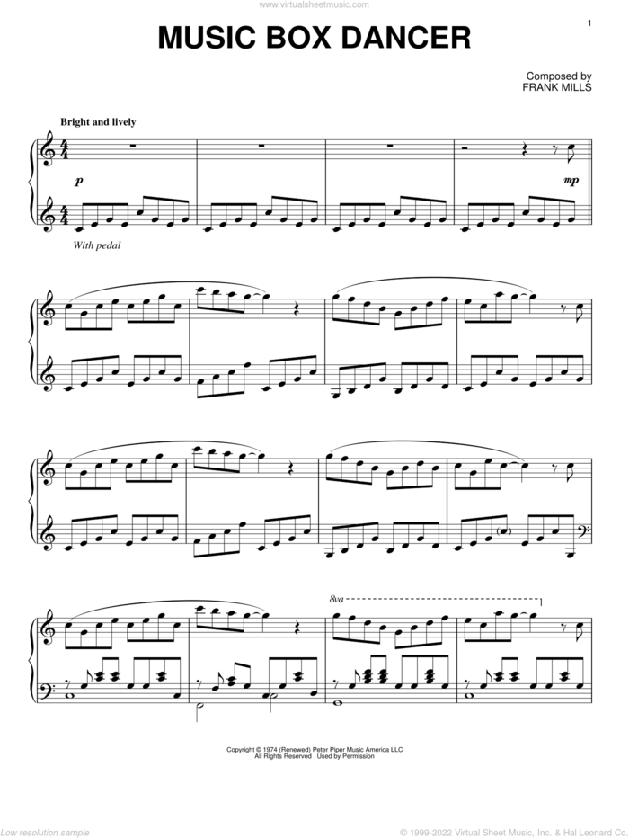 Music Box Dancer sheet music for piano solo by Frank Mills, classical score, intermediate skill level