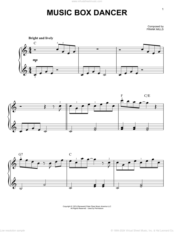 Music Box Dancer sheet music for piano solo by Frank Mills, classical score, easy skill level