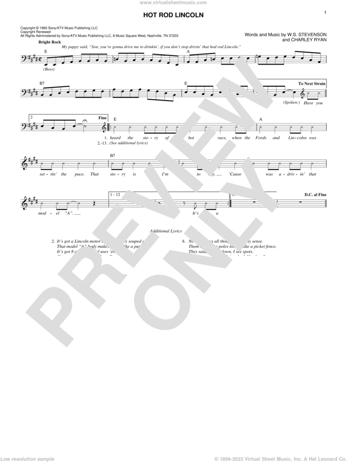 Hot Rod Lincoln sheet music for voice and other instruments (fake book) by Commander Cody, Charlie Ryan, Charley Ryan and William Stevenson, intermediate skill level