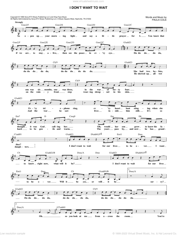 I Don't Want To Wait sheet music for voice and other instruments (fake book) by Paula Cole, intermediate skill level