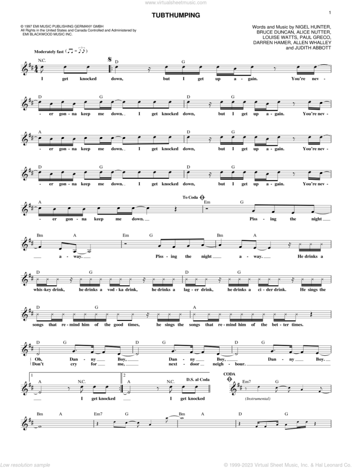 Tubthumping sheet music for voice and other instruments (fake book) by Chumbawamba, Alice Nutter, Allen Whalley, Bruce Duncan, Darren Hamer, Judith Abbott, Louise Watts, Nigel Hunter and Paul Greco, intermediate skill level