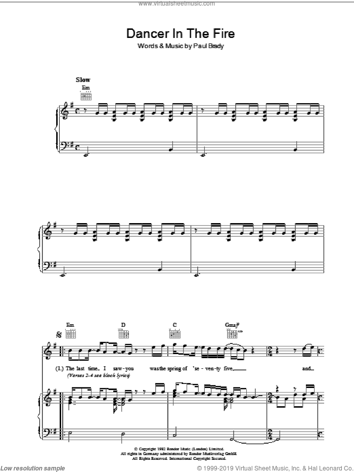 Dancer In The Fire sheet music for voice, piano or guitar by Paul Brady, intermediate skill level