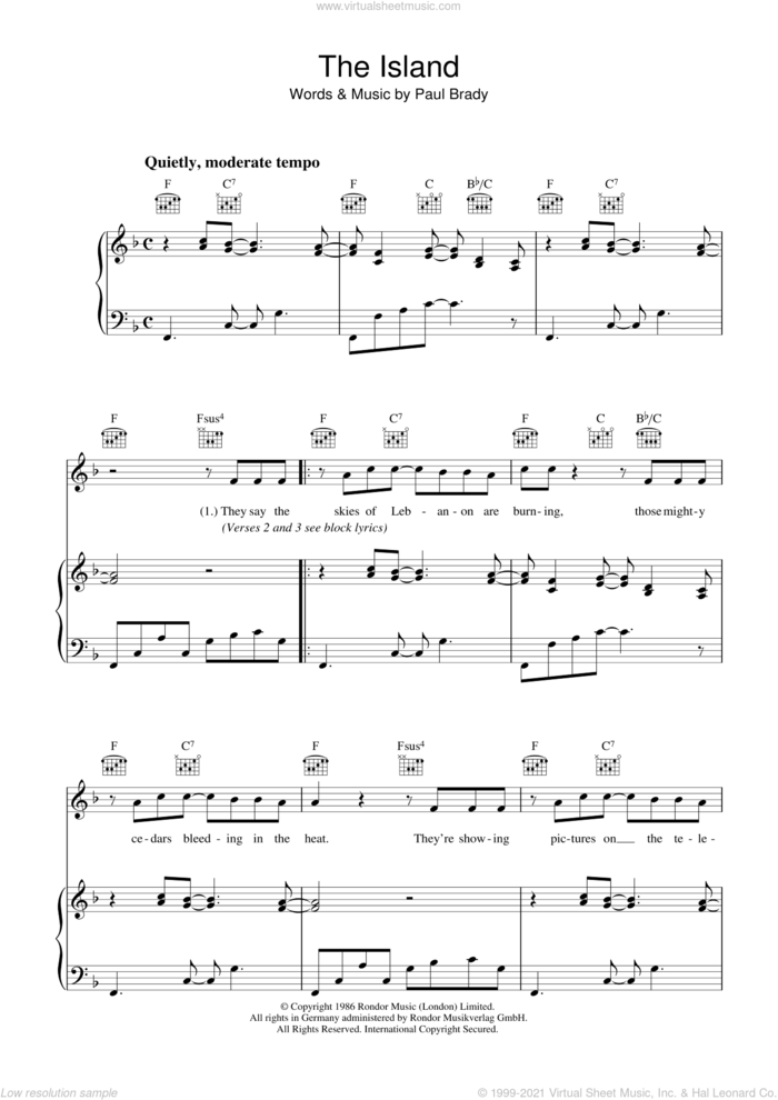 The Island sheet music for voice, piano or guitar by Paul Brady, intermediate skill level