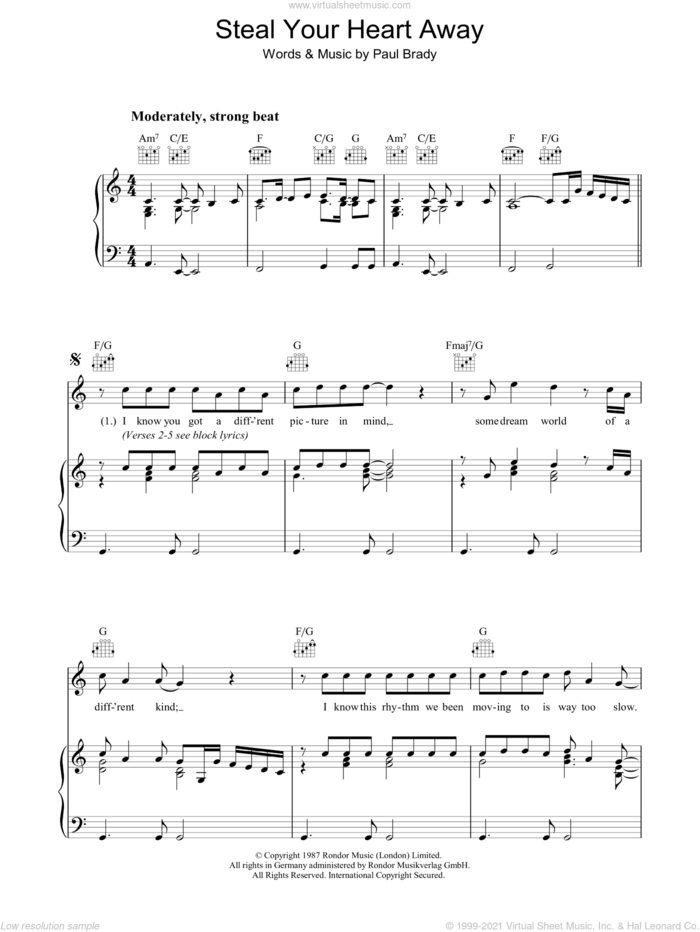 Steal Your Heart Away sheet music for voice, piano or guitar by Paul Brady, intermediate skill level