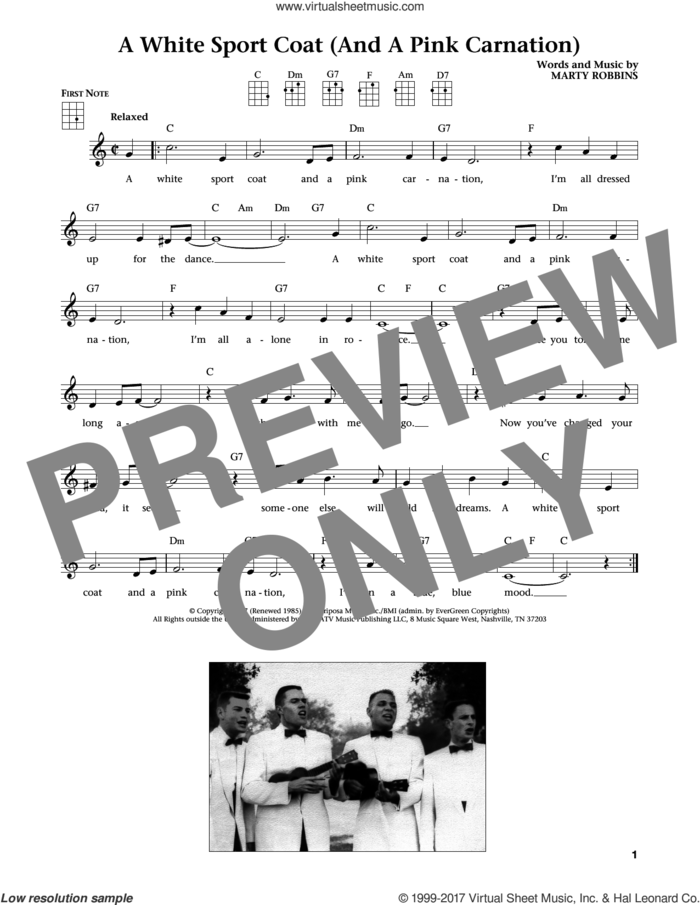 A White Sport Coat (And A Pink Carnation) (from The Daily Ukulele) (arr. Liz and Jim Beloff) sheet music for ukulele by Marty Robbins, Jim Beloff and Liz Beloff, intermediate skill level