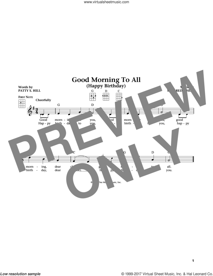 Good Morning To All (from The Daily Ukulele) (arr. Liz and Jim Beloff) sheet music for ukulele by Patty Smith Hill, Jim Beloff, Liz Beloff and Mildred J. Hill, intermediate skill level