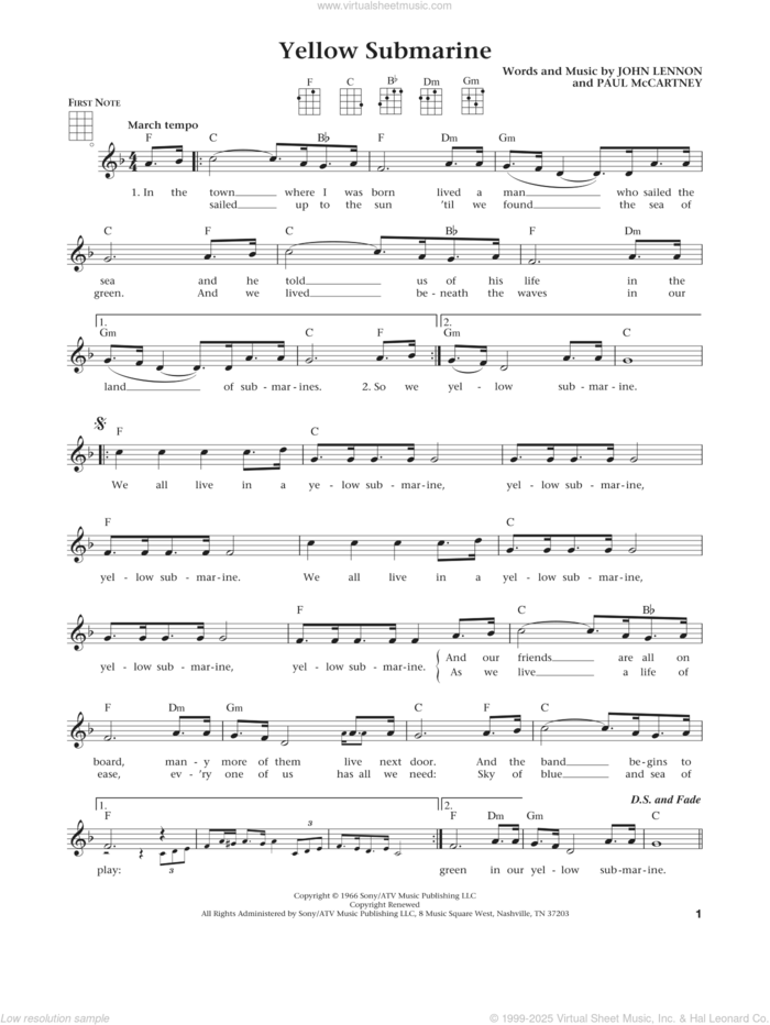 Yellow Submarine (from The Daily Ukulele) (arr. Liz and Jim Beloff) sheet music for ukulele by The Beatles, Jim Beloff, Liz Beloff, John Lennon and Paul McCartney, intermediate skill level