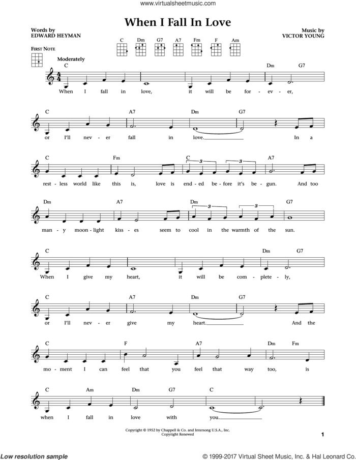 When I Fall In Love (from The Daily Ukulele) (arr. Liz and Jim Beloff) sheet music for ukulele by The Lettermen, Carpenters, Celine Dion and Clive Griffin, Jim Beloff, Liz Beloff, Edward Heyman and Victor Young, intermediate skill level