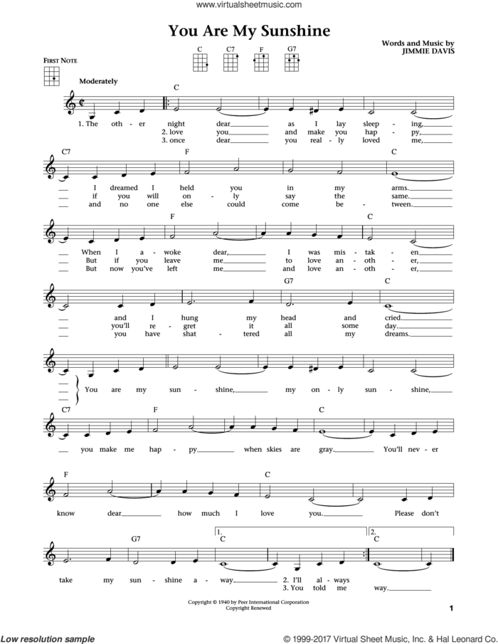 You Are My Sunshine (from The Daily Ukulele) (arr. Liz and Jim Beloff) sheet music for ukulele by Jimmie Davis, Duane Eddy, Jim Beloff, Liz Beloff and Ray Charles, intermediate skill level