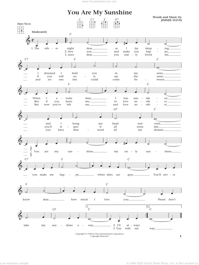 You Are My Sunshine (from The Daily Ukulele) (arr. Liz and Jim Beloff) sheet music for ukulele by Jimmie Davis, Duane Eddy, Jim Beloff, Liz Beloff and Ray Charles, intermediate skill level