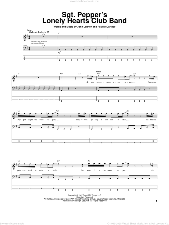 Sgt. Pepper's Lonely Hearts Club Band sheet music for bass (tablature) (bass guitar) by The Beatles, John Lennon and Paul McCartney, intermediate skill level