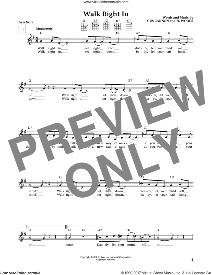 Walk Right In (from The Daily Ukulele) (arr. Liz and Jim Beloff) sheet music for ukulele by The Rooftop Singers, Jim Beloff, Liz Beloff, Gus Cannon and Harry Woods, intermediate skill level