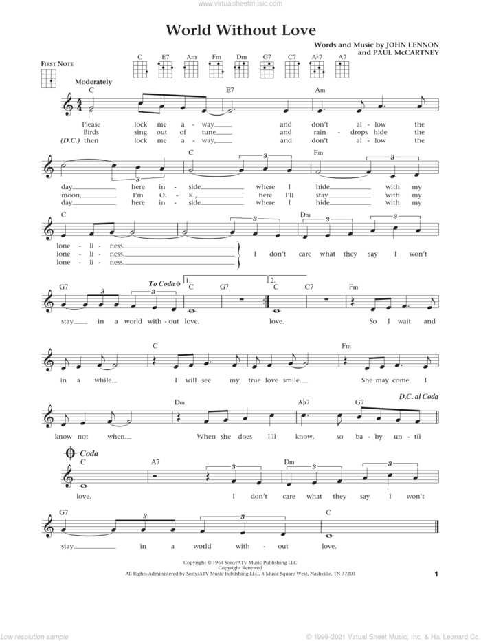World Without Love (from The Daily Ukulele) (arr. Liz and Jim Beloff) sheet music for ukulele by Paul McCartney, Jim Beloff, Liz Beloff, Peter and Gordon and John Lennon, intermediate skill level
