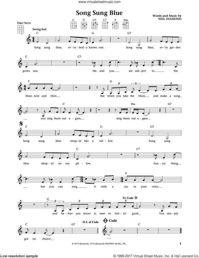 Song Sung Blue (from The Daily Ukulele) (arr. Liz and Jim Beloff) sheet music for ukulele by Neil Diamond, Jim Beloff and Liz Beloff, intermediate skill level
