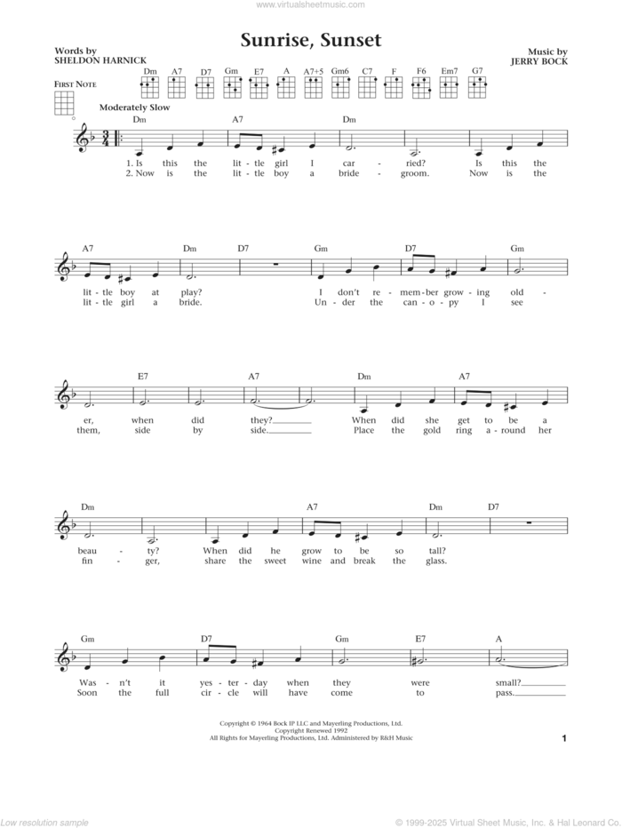 Sunrise, Sunset (from The Daily Ukulele) (arr. Liz and Jim Beloff) sheet music for ukulele by Sheldon Harnick, Jim Beloff, Liz Beloff and Jerry Bock, intermediate skill level