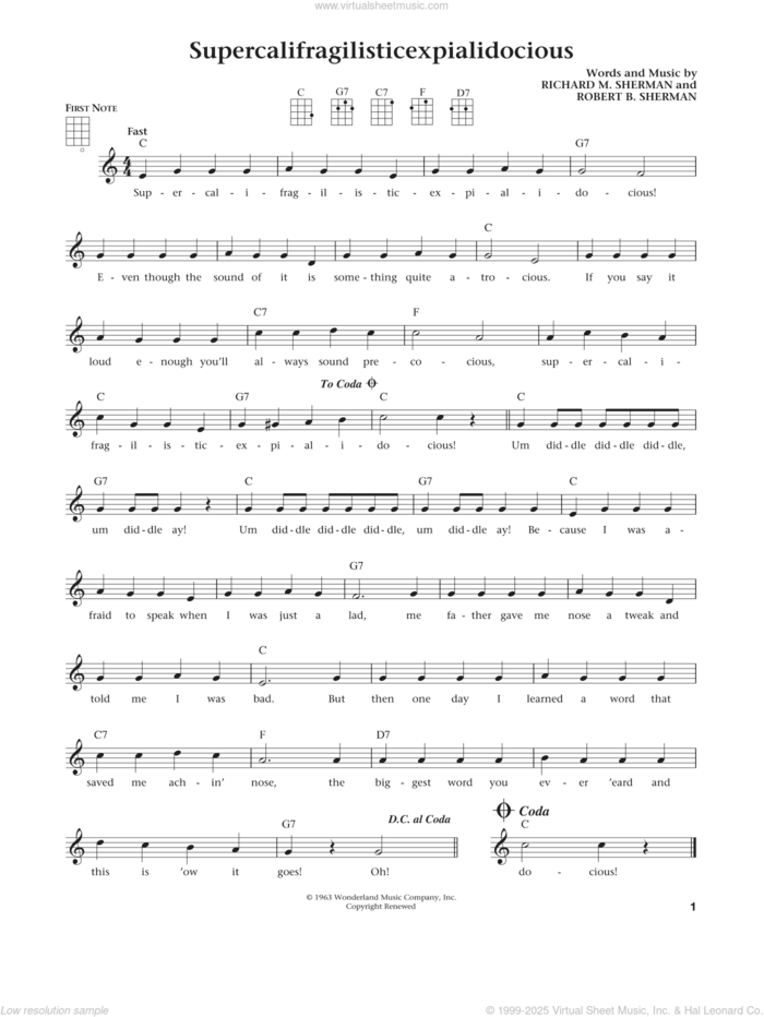 Supercalifragilisticexpialidocious (from The Daily Ukulele) (arr. Liz and Jim Beloff) sheet music for ukulele by Julie Andrews, Jim Beloff, Liz Beloff, Richard M. Sherman and Robert B. Sherman, intermediate skill level