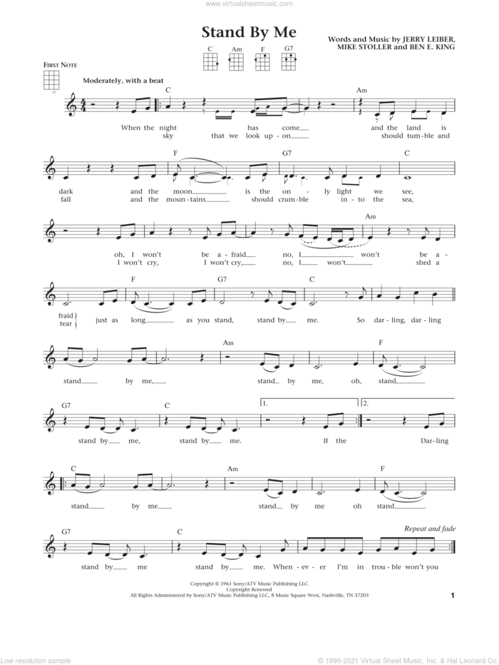 Stand By Me (from The Daily Ukulele) (arr. Liz and Jim Beloff) sheet music for ukulele by Ben E. King, Jim Beloff, Liz Beloff, Mickey Gilley, Jerry Leiber and Mike Stoller, intermediate skill level