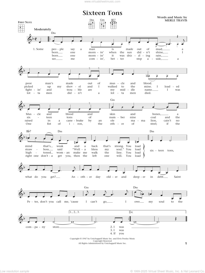 Sixteen Tons (from The Daily Ukulele) (arr. Liz and Jim Beloff) sheet music for ukulele by Tennessee Ernie Ford, Jim Beloff, Liz Beloff and Merle Travis, intermediate skill level