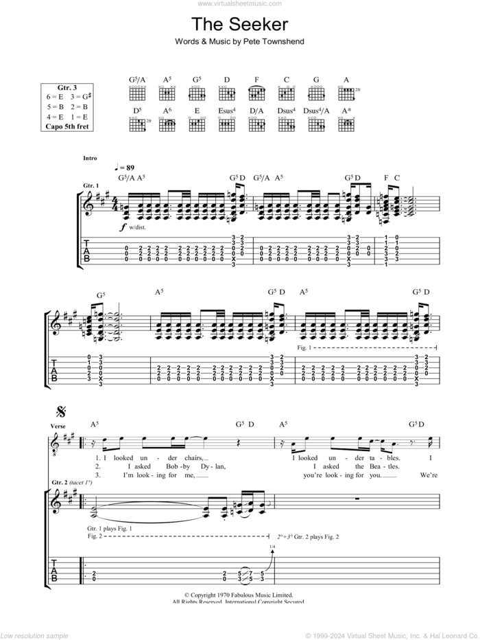 The Seeker sheet music for guitar (tablature) by The Who and Pete Townshend, intermediate skill level