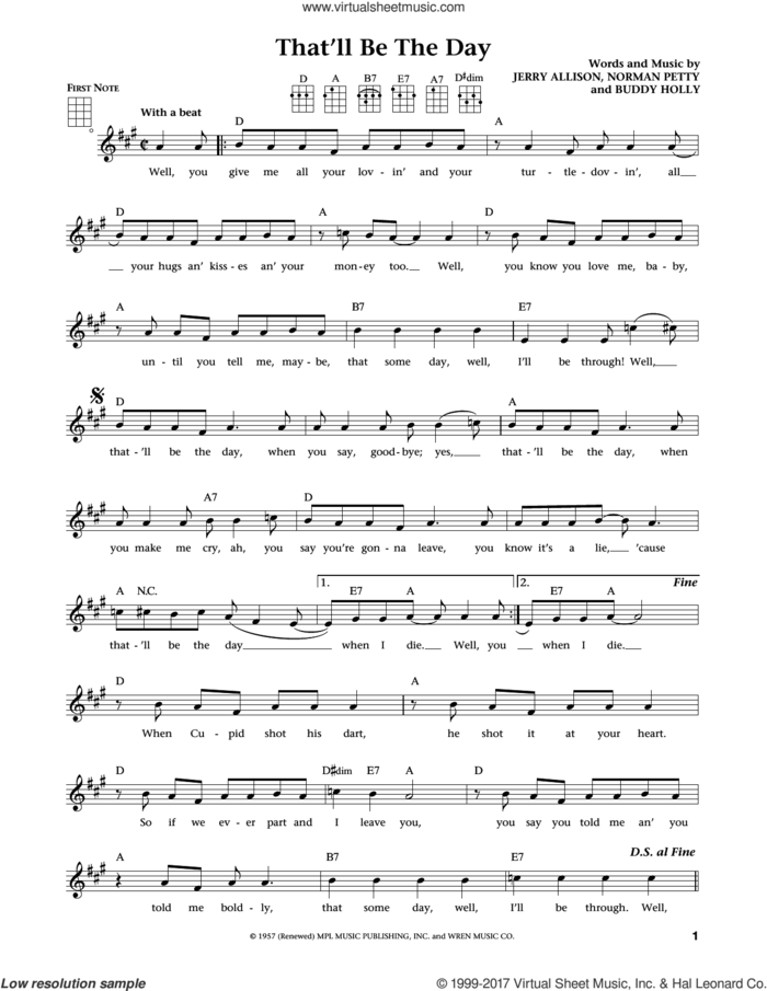 That'll Be The Day (from The Daily Ukulele) (arr. Liz and Jim Beloff) sheet music for ukulele by Buddy Holly, Jim Beloff, Liz Beloff, The Crickets, Jerry Allison and Norman Petty, intermediate skill level