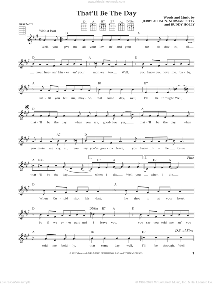 That'll Be The Day (from The Daily Ukulele) (arr. Liz and Jim Beloff) sheet music for ukulele by Buddy Holly, Jim Beloff, Liz Beloff, The Crickets, Jerry Allison and Norman Petty, intermediate skill level