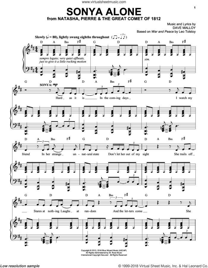 Sonya Alone sheet music for voice and piano by Josh Groban and Dave Malloy, intermediate skill level
