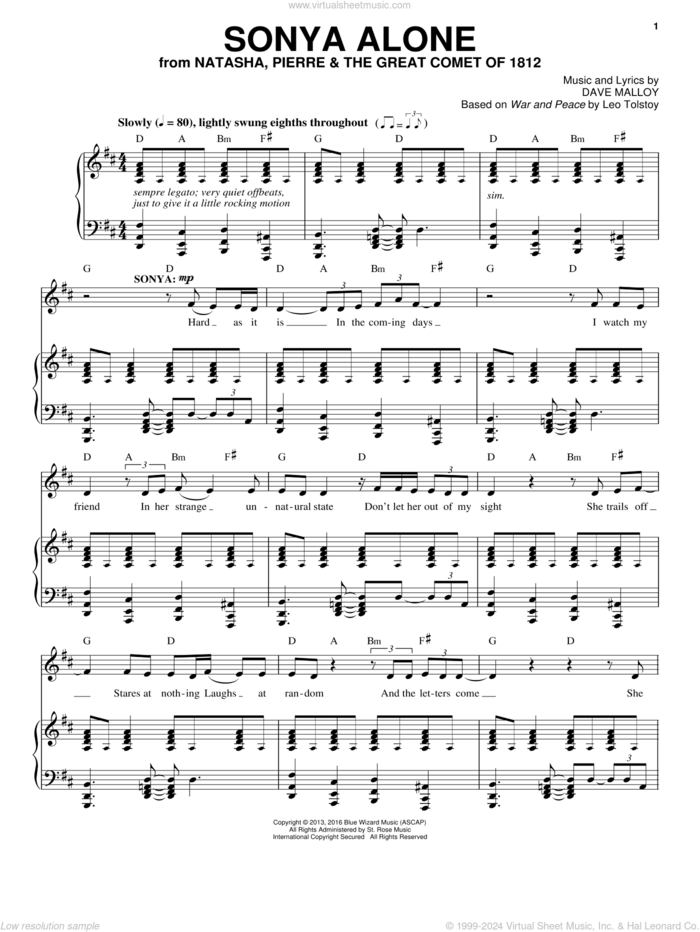 Sonya Alone sheet music for voice and piano by Josh Groban and Dave Malloy, intermediate skill level